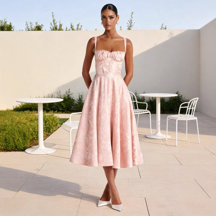 Women's Ruched Bustier Jacquard Midi Cocktail Dress Flared Skirt