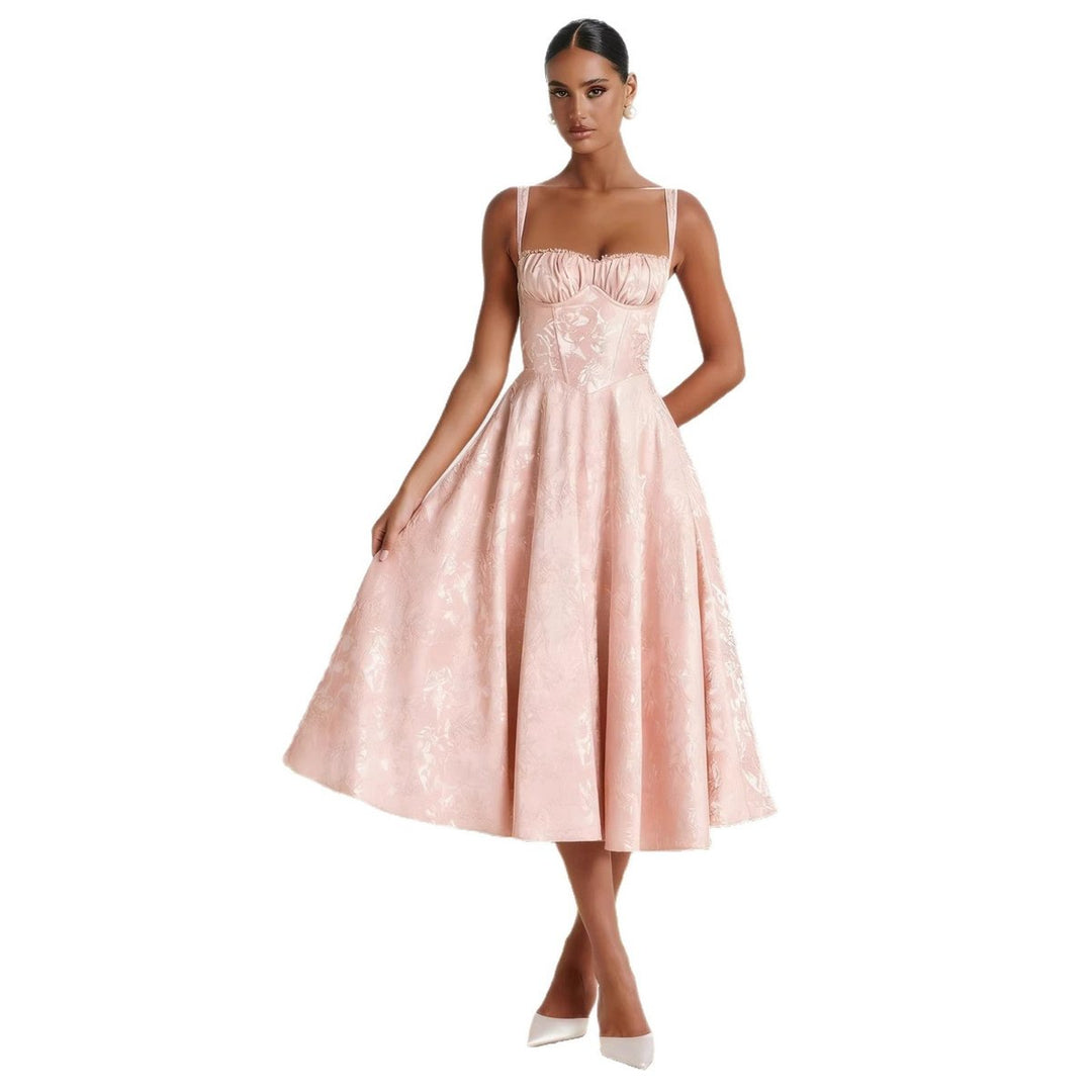 Women's Ruched Bustier Jacquard Midi Cocktail Dress Flared Skirt