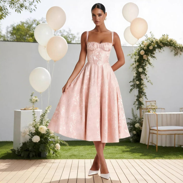 Women's Ruched Bustier Jacquard Midi Cocktail Dress Flared Skirt - Pink
