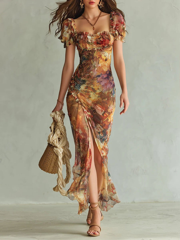 Women's Ruched Sweetheart-Neck Floral Chiffon Maxi Dress - Orange