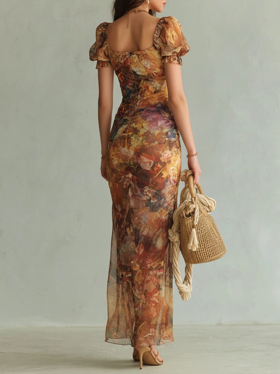 Women's Ruched Sweetheart-Neck Floral Chiffon Maxi Dress