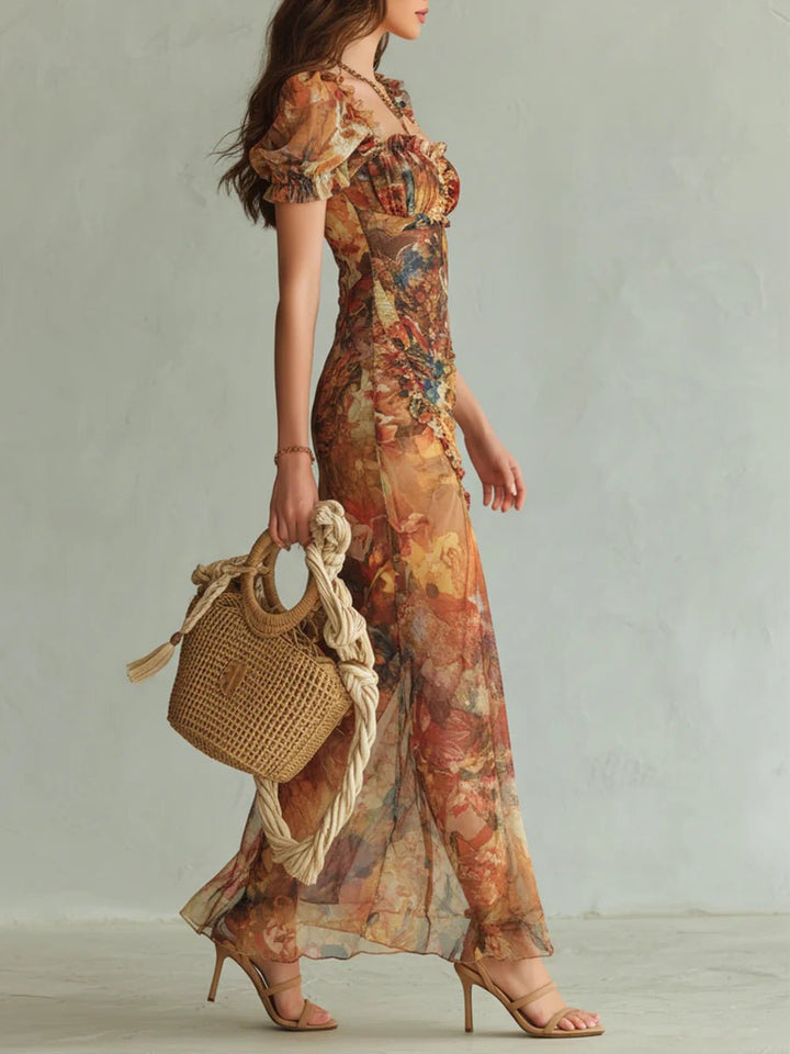Women's Ruched Sweetheart-Neck Floral Chiffon Maxi Dress