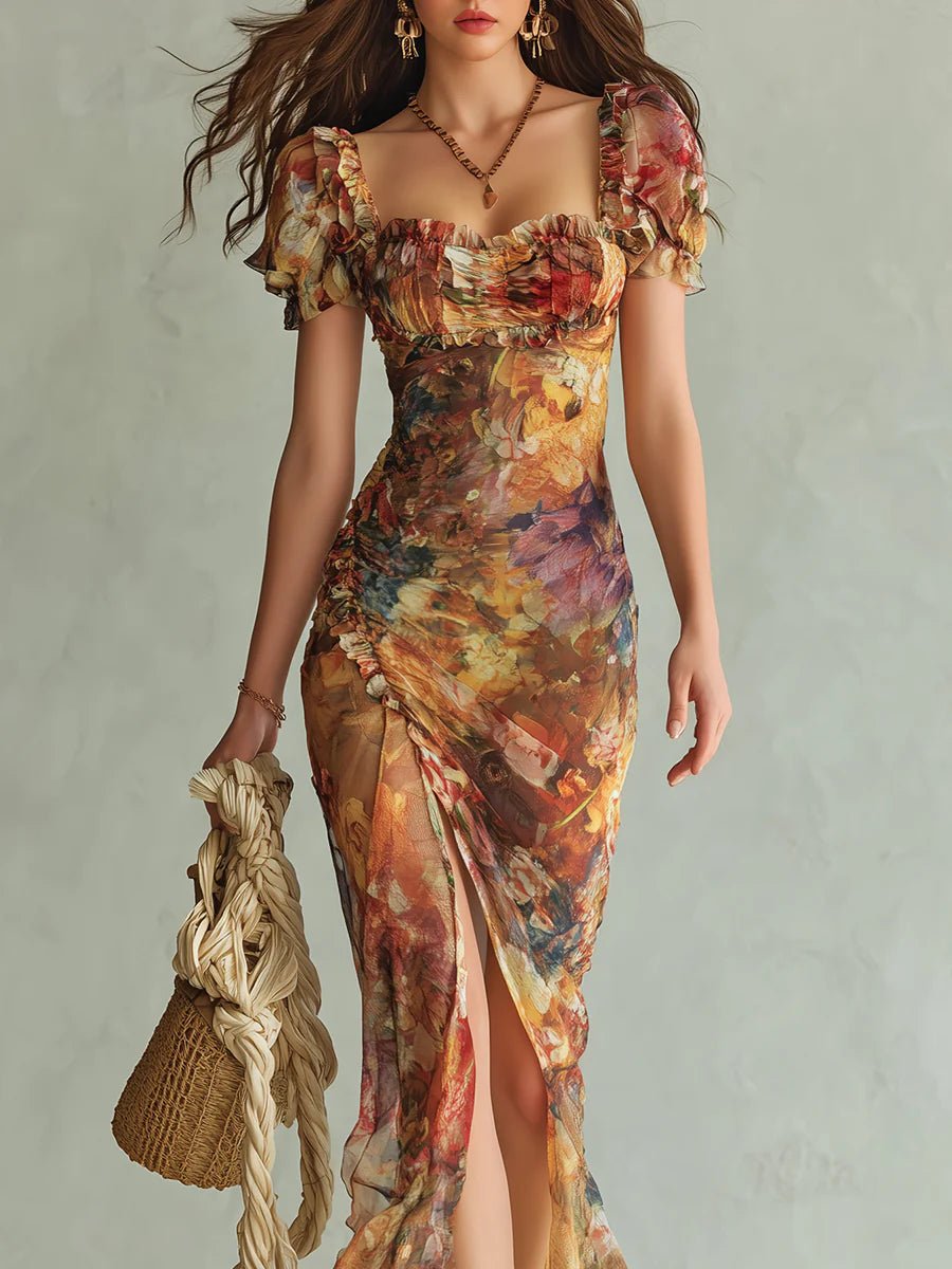 Women's Ruched Sweetheart-Neck Floral Chiffon Maxi Dress