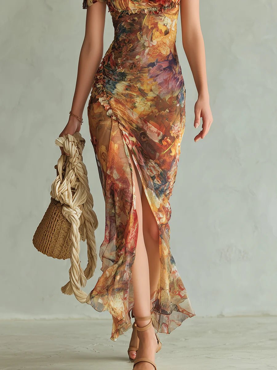 Women's Ruched Sweetheart-Neck Floral Chiffon Maxi Dress