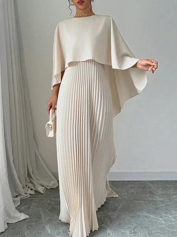 Women's Satin Cape Overlay Pleated Maxi Dress - Ivory
