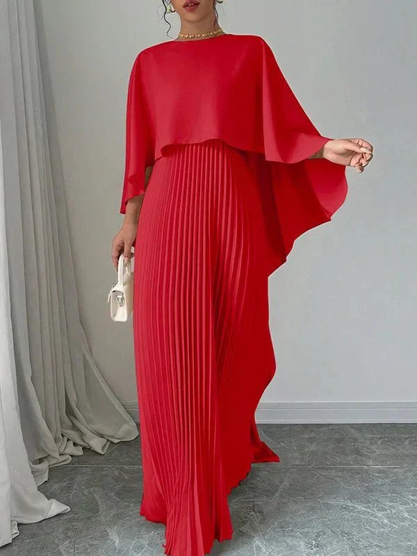 Women's Satin Cape Overlay Pleated Maxi Dress - Red