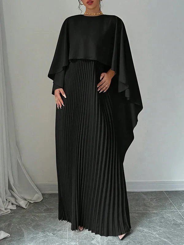 Women's Satin Cape Overlay Pleated Maxi Dress - Black