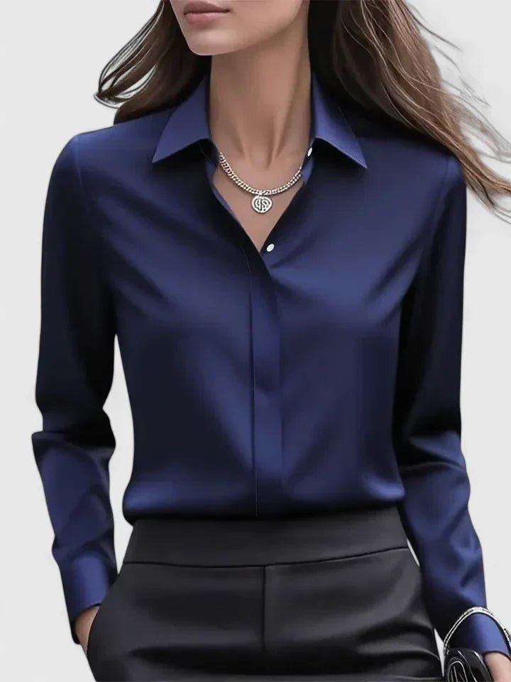 Women's Satin Concealed-Placket Long-Sleeve Button-Down Shirt - Navy Blue