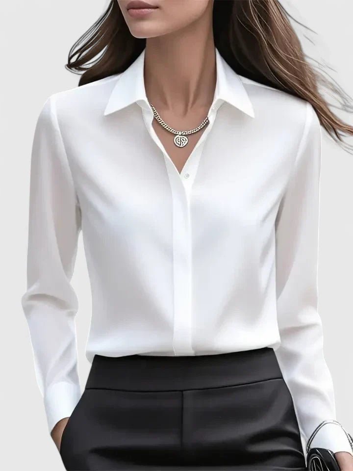 Women's Satin Concealed-Placket Long-Sleeve Button-Down Shirt - White