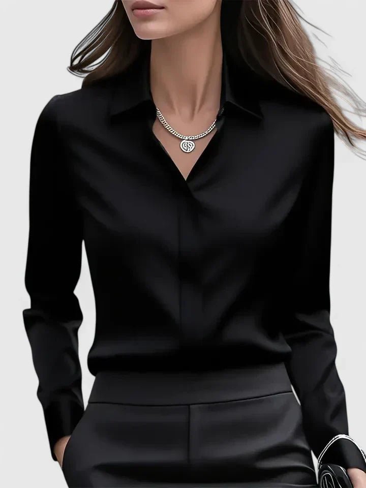 Women's Satin Concealed-Placket Long-Sleeve Button-Down Shirt - Black