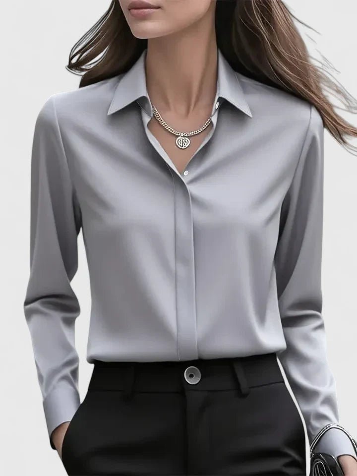 Women's Satin Concealed-Placket Long-Sleeve Button-Down Shirt - Gray