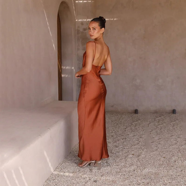 Women's Satin Cowl-Neck Open-Back Body-Con Maxi Dress