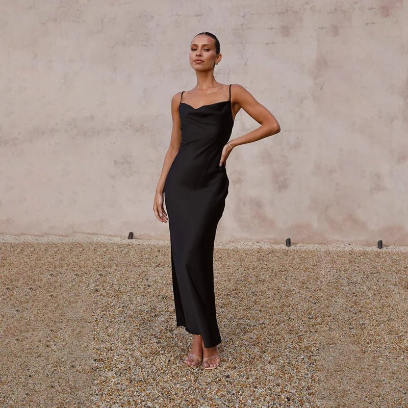 Women's Satin Cowl-Neck Open-Back Body-Con Maxi Dress - Schwarz