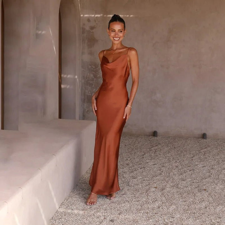 Women's Satin Cowl-Neck Open-Back Body-Con Maxi Dress