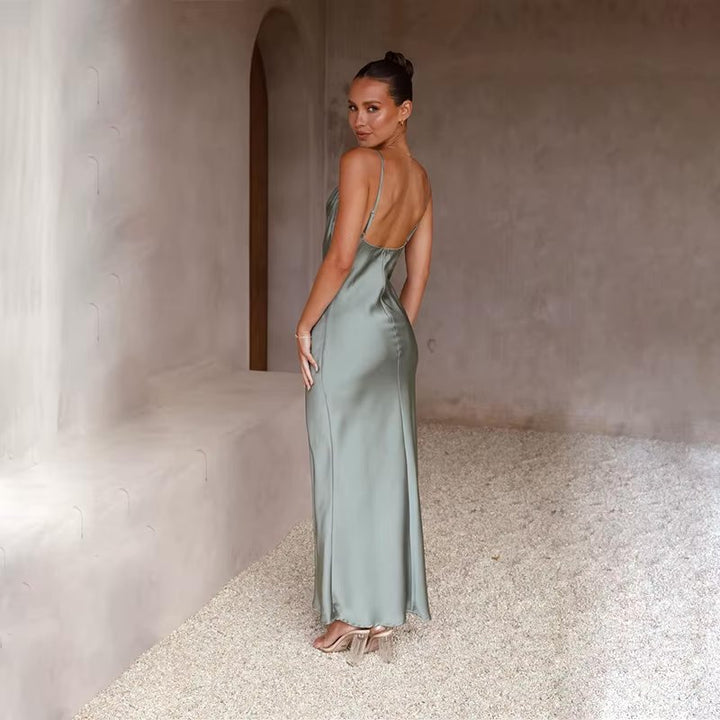 Women's Satin Cowl-Neck Open-Back Body-Con Maxi Dress