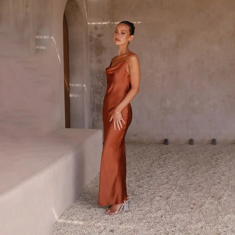 Women's Satin Cowl-Neck Open-Back Body-Con Maxi Dress