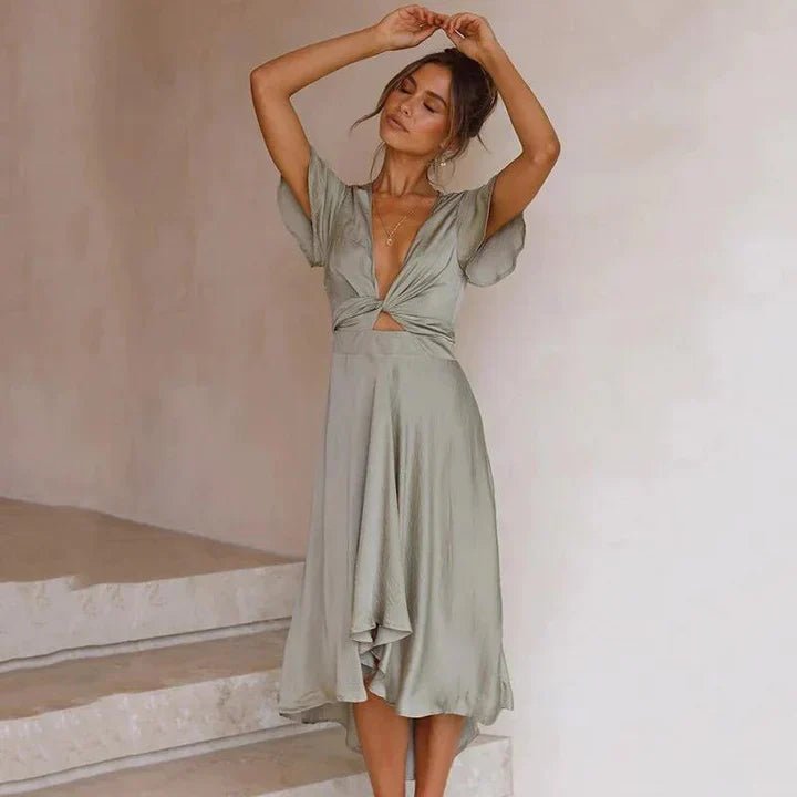 Women's Satin Deep V-Neck Twist-Front Flutter Sleeve Midi Dress - Olive