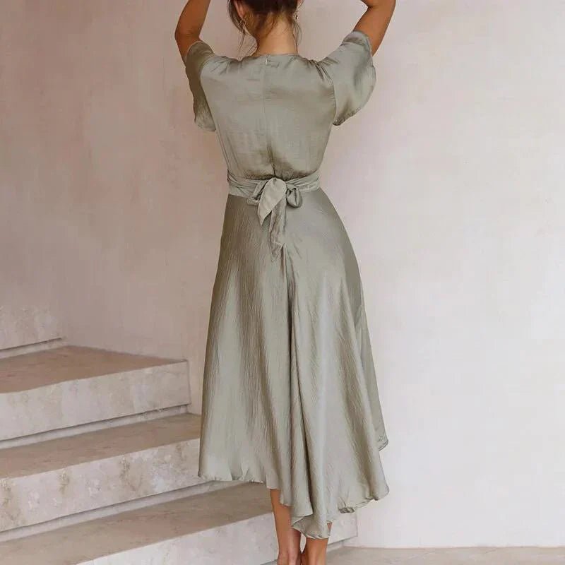 Women's Satin Deep V-Neck Twist-Front Flutter Sleeve Midi Dress