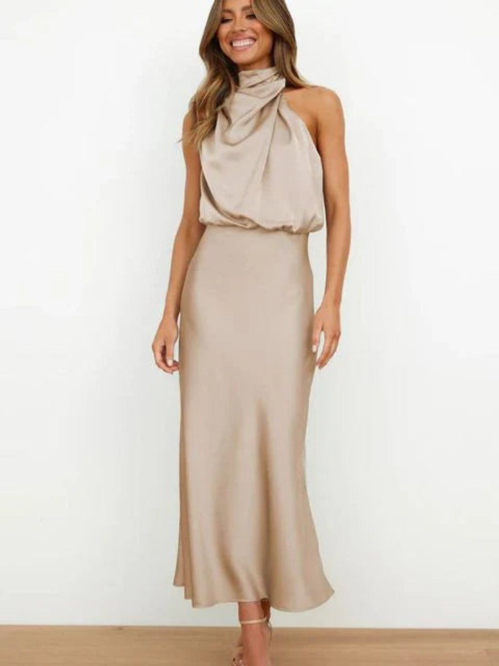 Women's Satin Halter Neck Midi Cocktail Party Dress - Beige