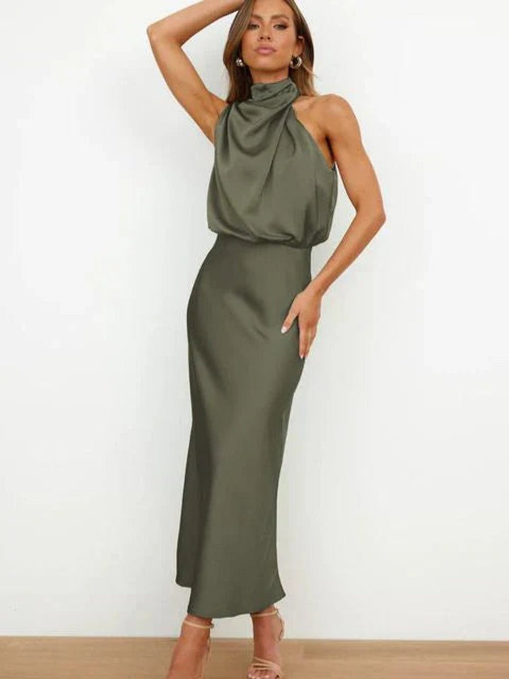 Women's Satin Halter Neck Midi Cocktail Party Dress - Green