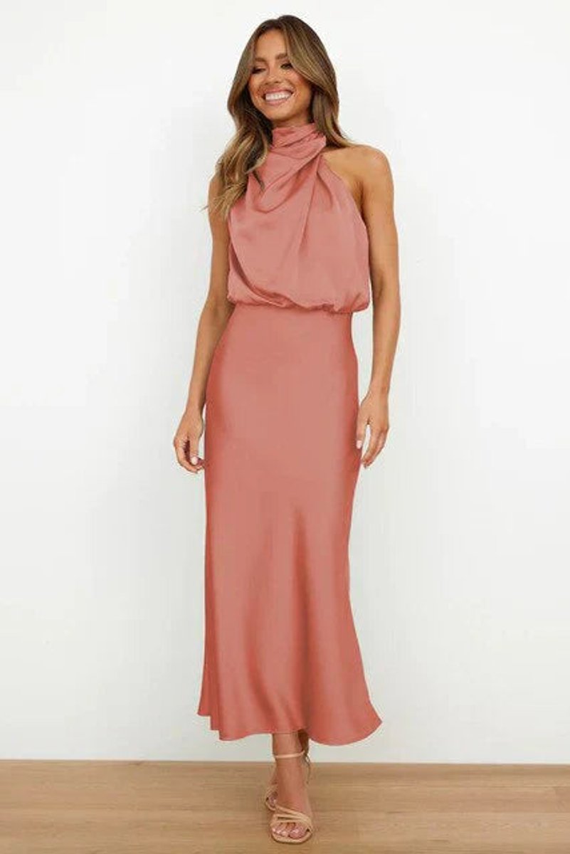 Women's Satin Halter Neck Midi Cocktail Party Dress - Pink
