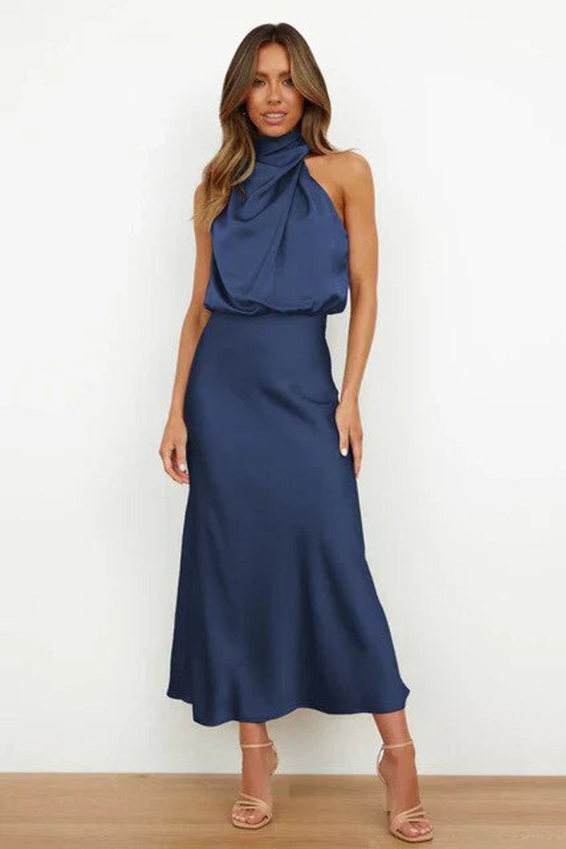 Women's Satin Halter Neck Midi Cocktail Party Dress - Blue