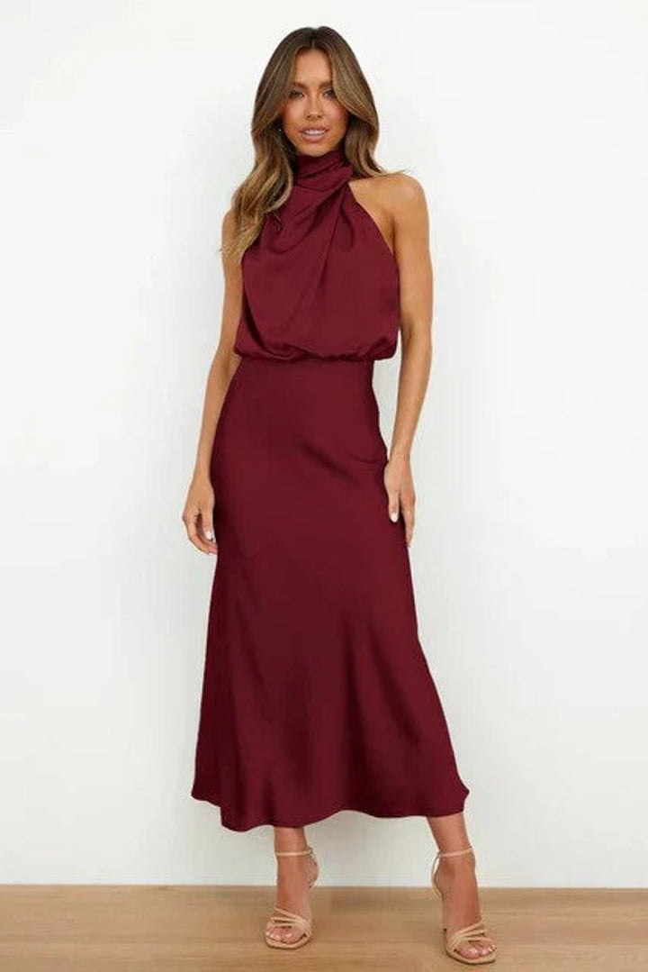 Women's Satin Halter Neck Midi Cocktail Party Dress - Red