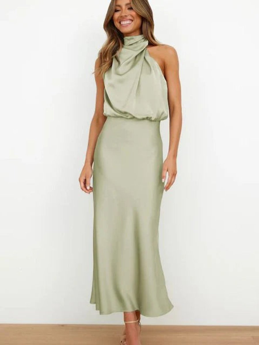 Women's Satin Halter Neck Midi Cocktail Party Dress - Army Green