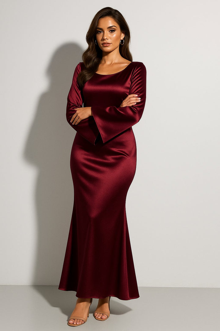 Women's Satin Long-Sleeve Scoop-Neck Fishtail Maxi Dress - Dark Red