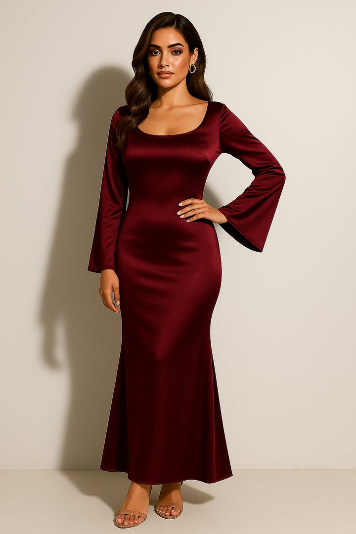 Women's Satin Long-Sleeve Scoop-Neck Fishtail Maxi Dress