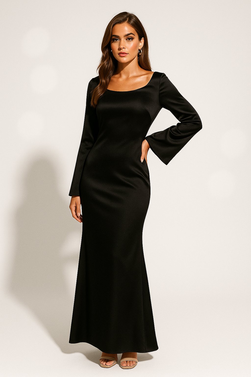 Women's Satin Long-Sleeve Scoop-Neck Fishtail Maxi Dress - Black