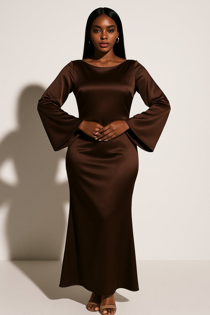 Women's Satin Long-Sleeve Scoop-Neck Fishtail Maxi Dress - Dark Brown