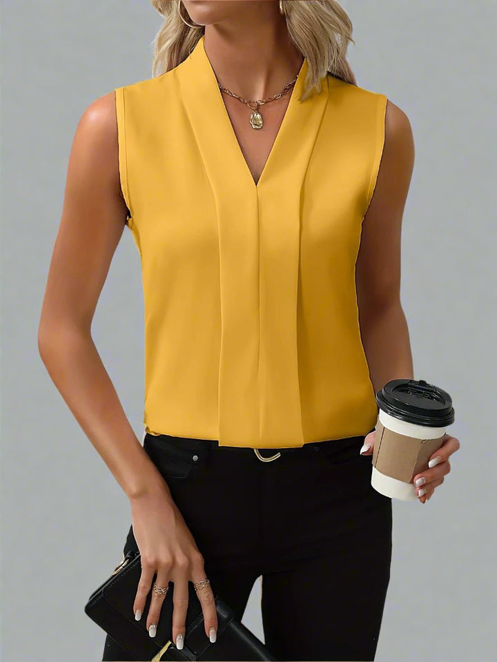 Women's Satin Sleeveless V-Neck Pleated Blouse - Yellow