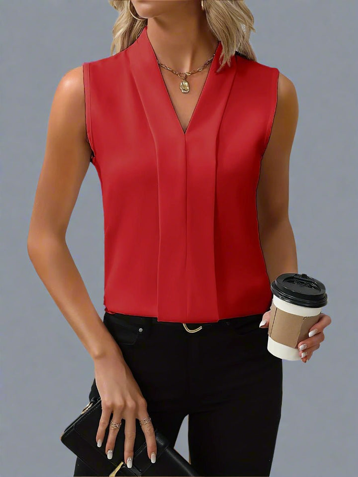 Women's Satin Sleeveless V-Neck Pleated Blouse - Red