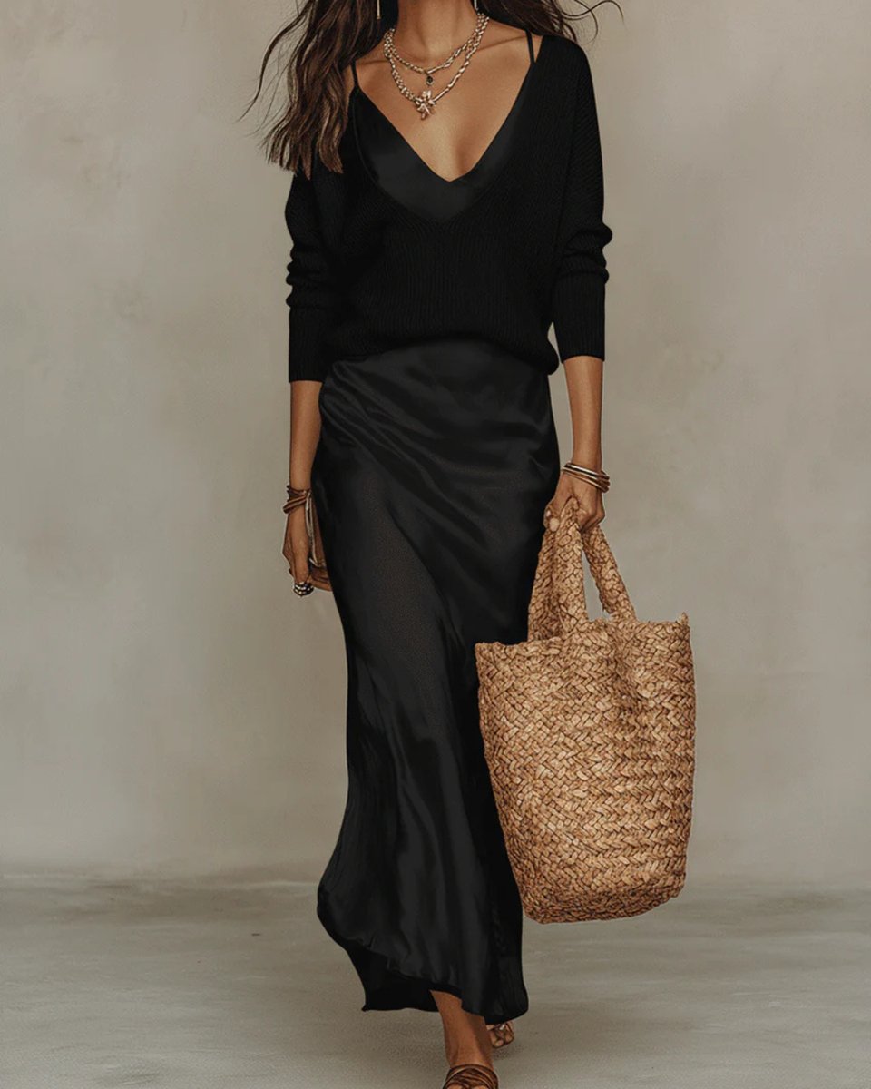 Women's Satin Slip Midi Long Sleeve Dress Knit Sweater Set - Black