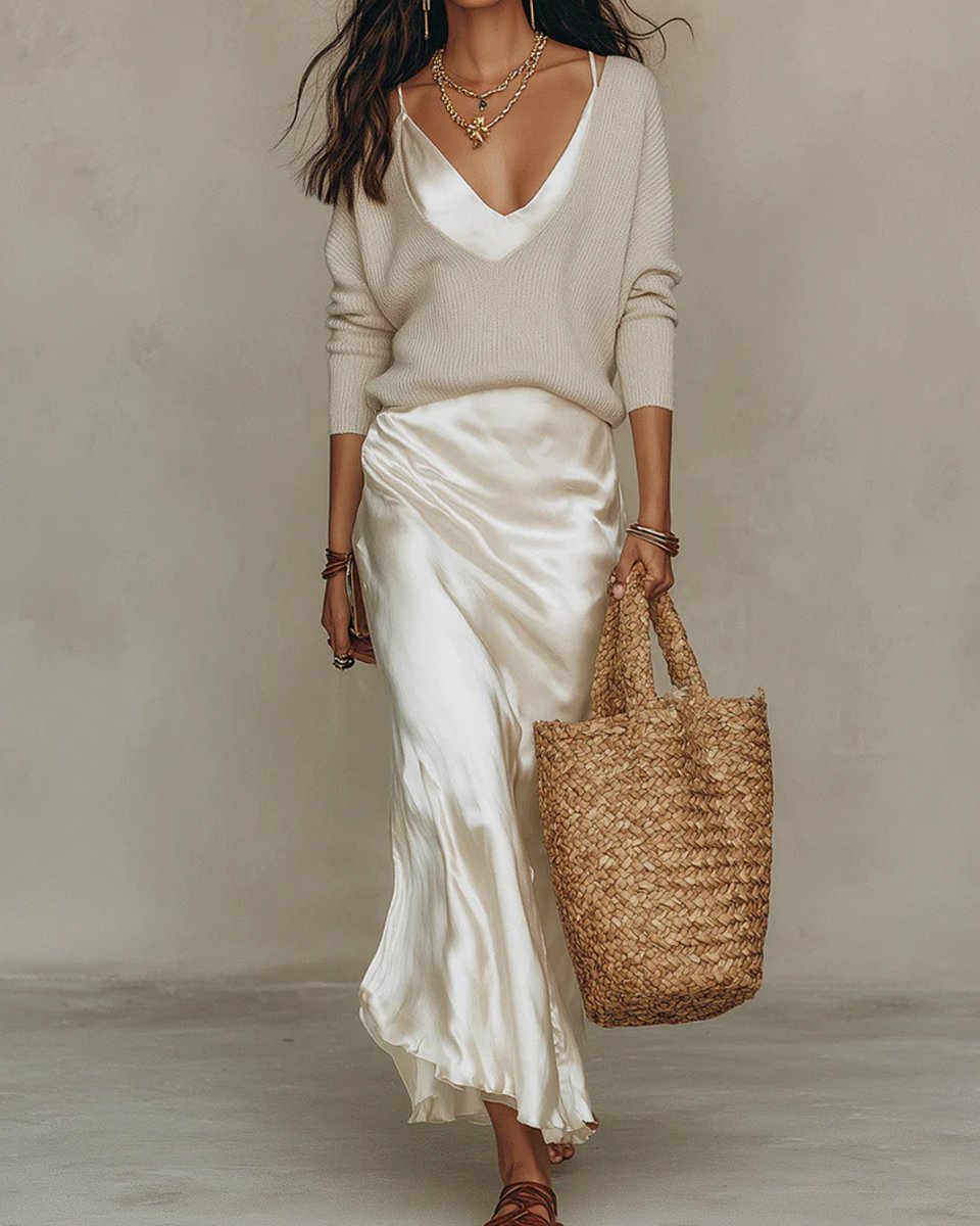 Women's Satin Slip Midi Long Sleeve Dress Knit Sweater Set
