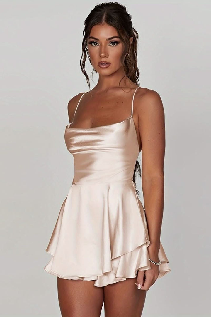 Women's Satin Square-Neck Ruffle Skirt Cocktail Dress - Milky