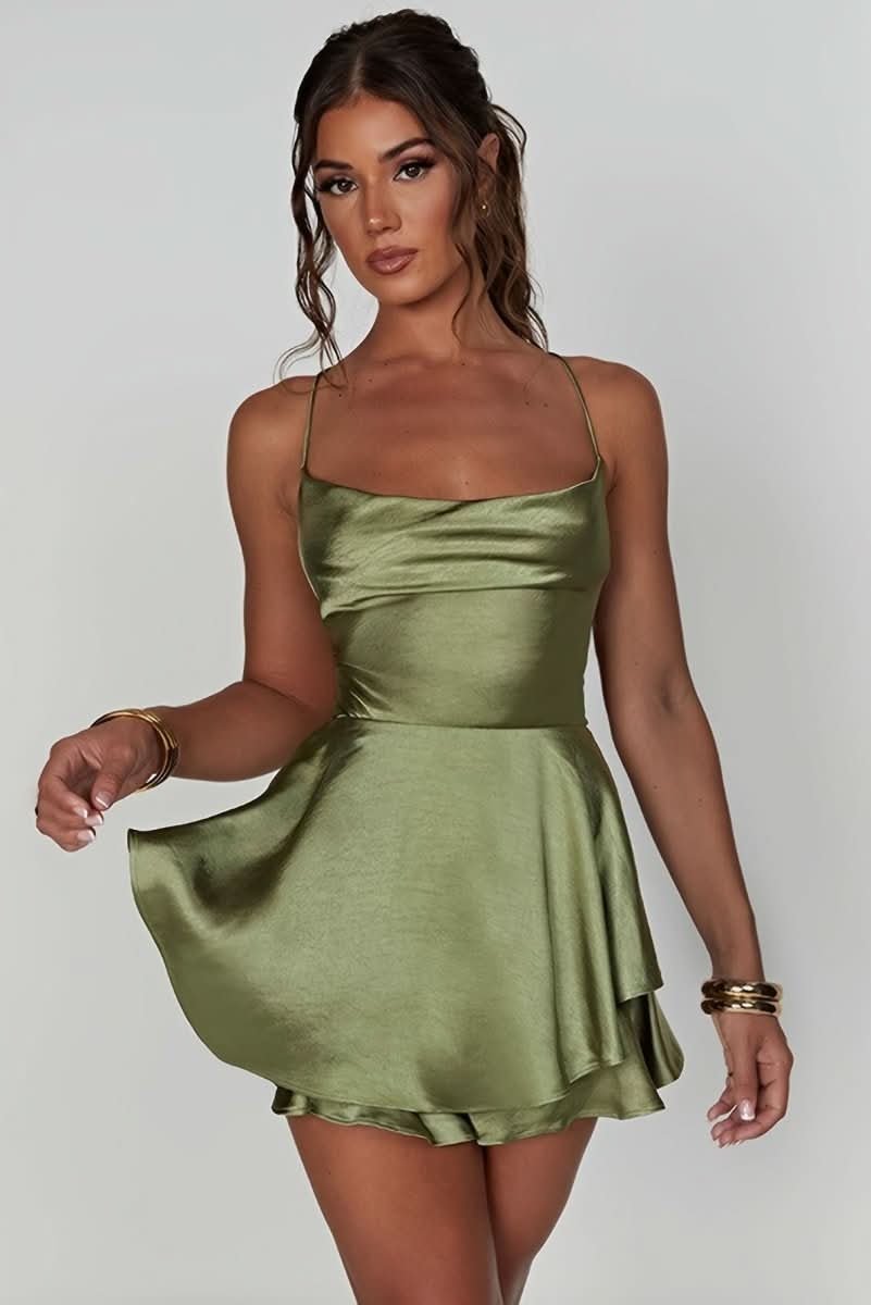 Women's Satin Square-Neck Ruffle Skirt Cocktail Dress - Matcha
