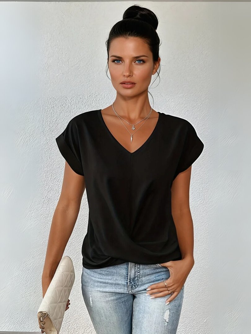 Women's Satin Twist-Front V-Neck Short Sleeve Top