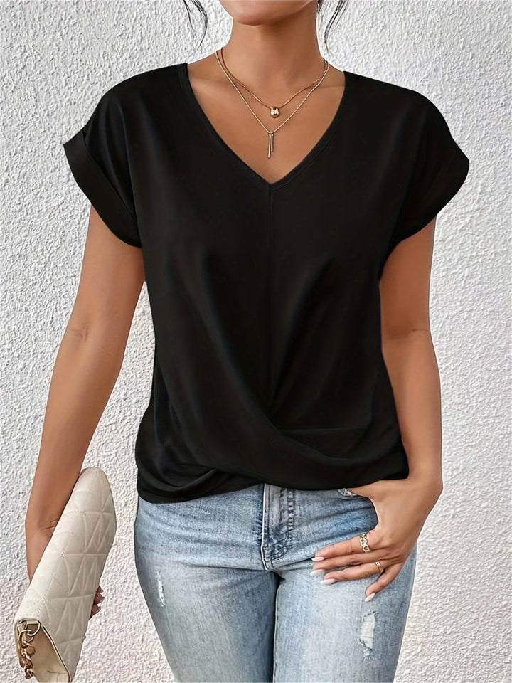 Women's Satin Twist-Front V-Neck Short Sleeve Top - Black