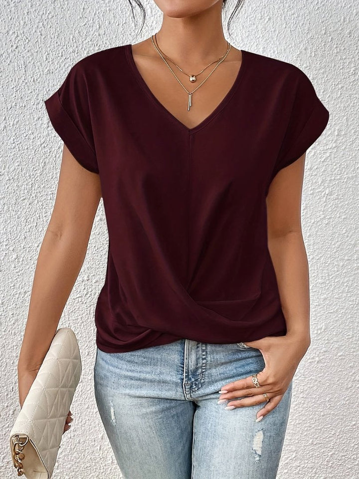 Women's Satin Twist-Front V-Neck Short Sleeve Top - Burgundy