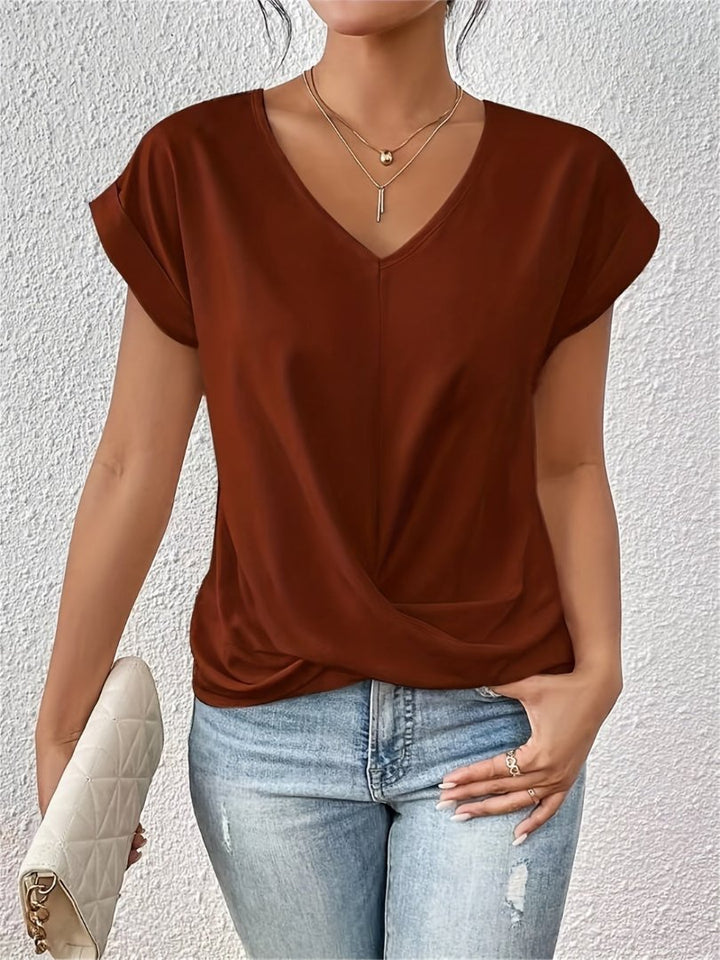Women's Satin Twist-Front V-Neck Short Sleeve Top - Rust