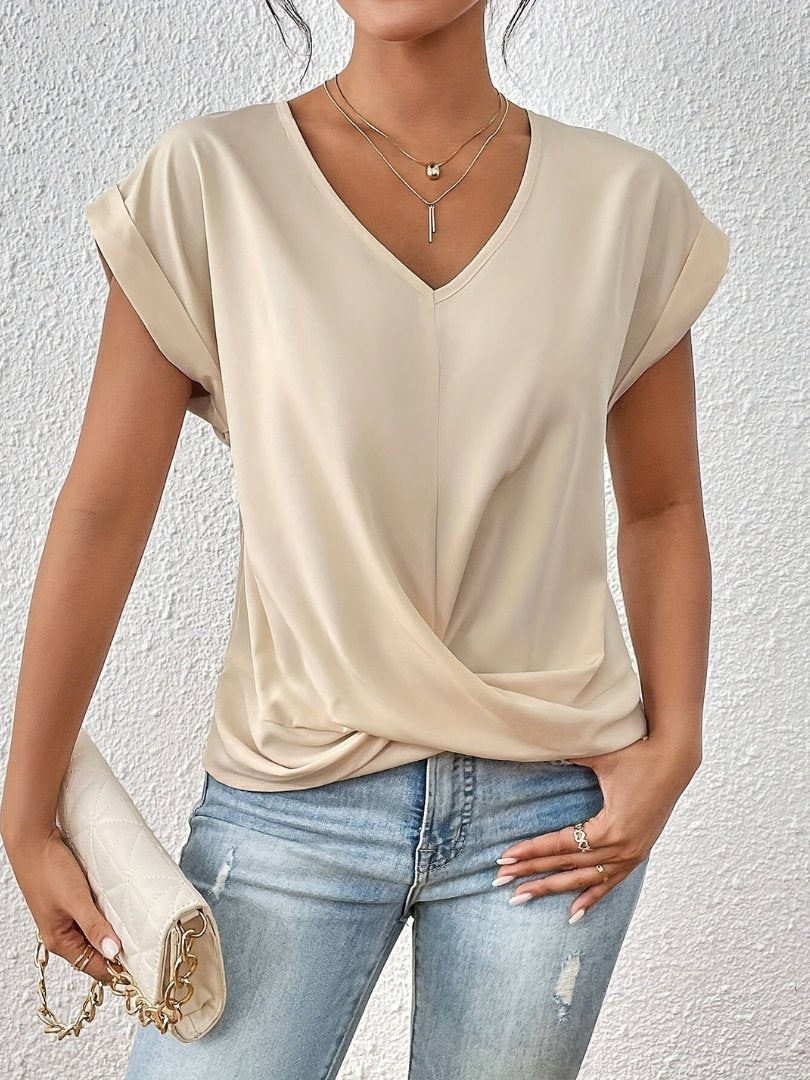 Women's Satin Twist-Front V-Neck Short Sleeve Top - Beige