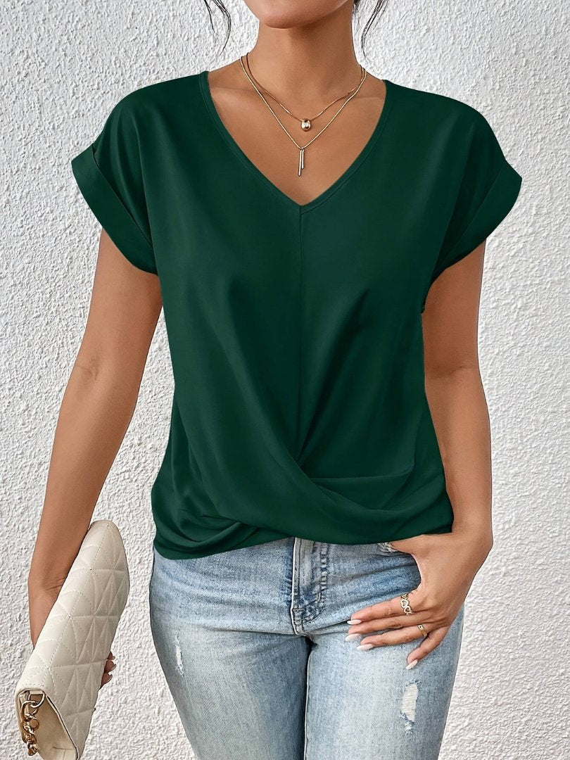 Women's Satin Twist-Front V-Neck Short Sleeve Top - Dark Green