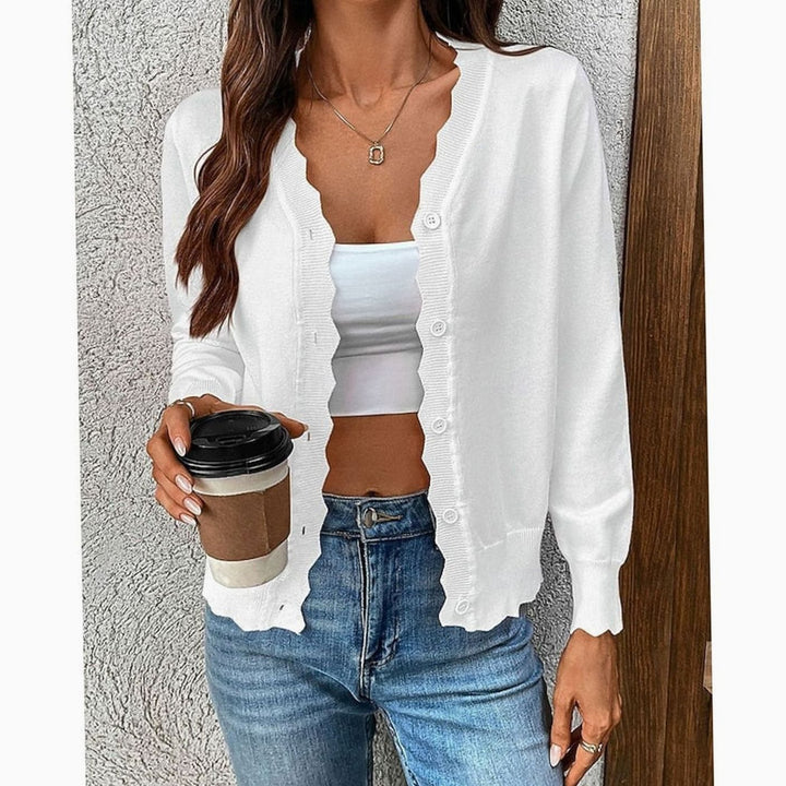 Women's Scalloped-Edge Button-Front V-Neck Knit Cardigan - White