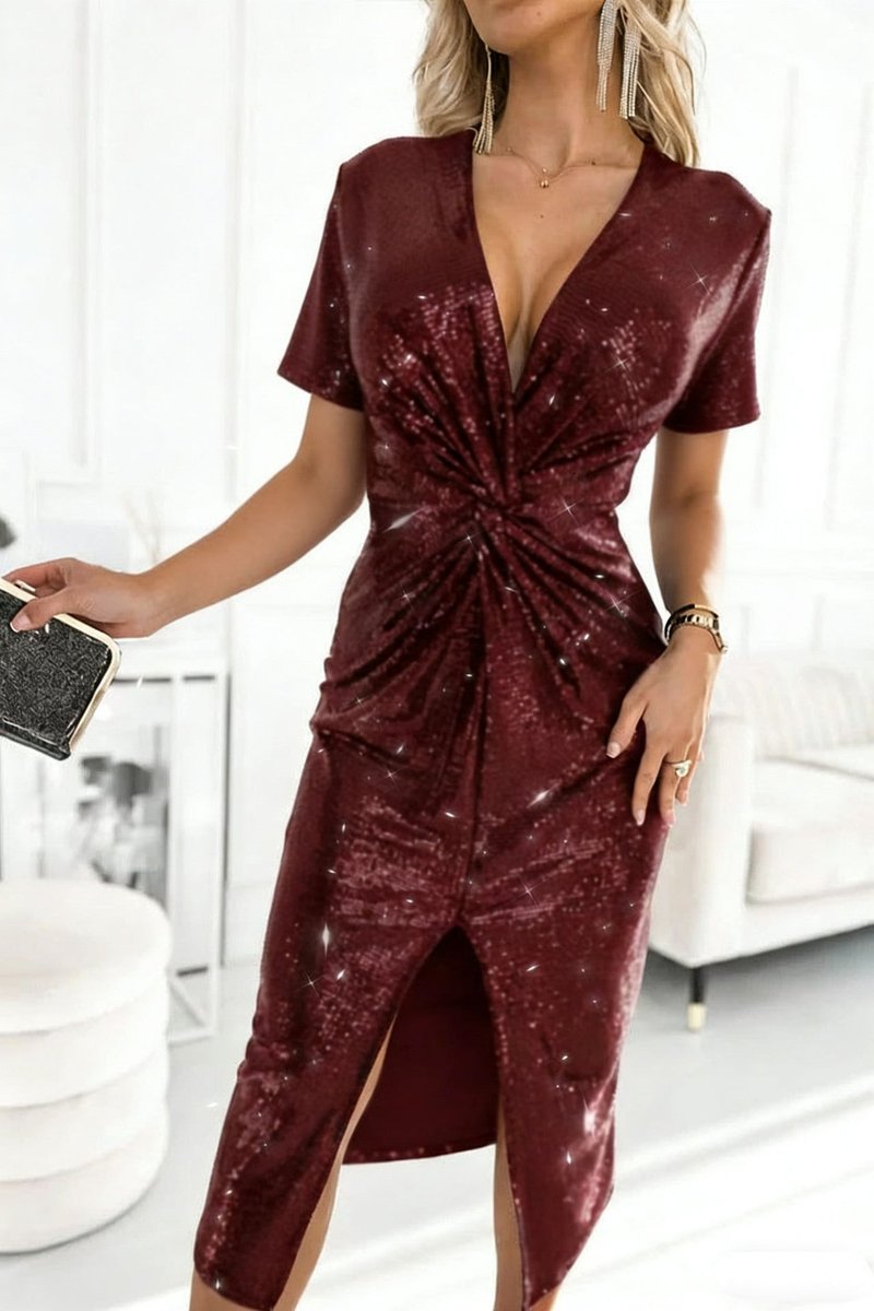 Women's Sequin Deep V-Neck Twist-Front Midi Cocktail Dress - Bordeaux