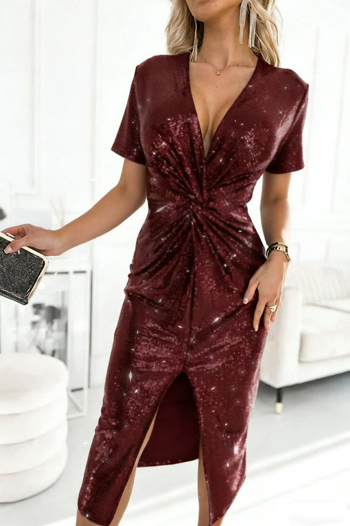 Women's Sequin Deep V-Neck Twist-Front Midi Cocktail Dress - Bordeaux