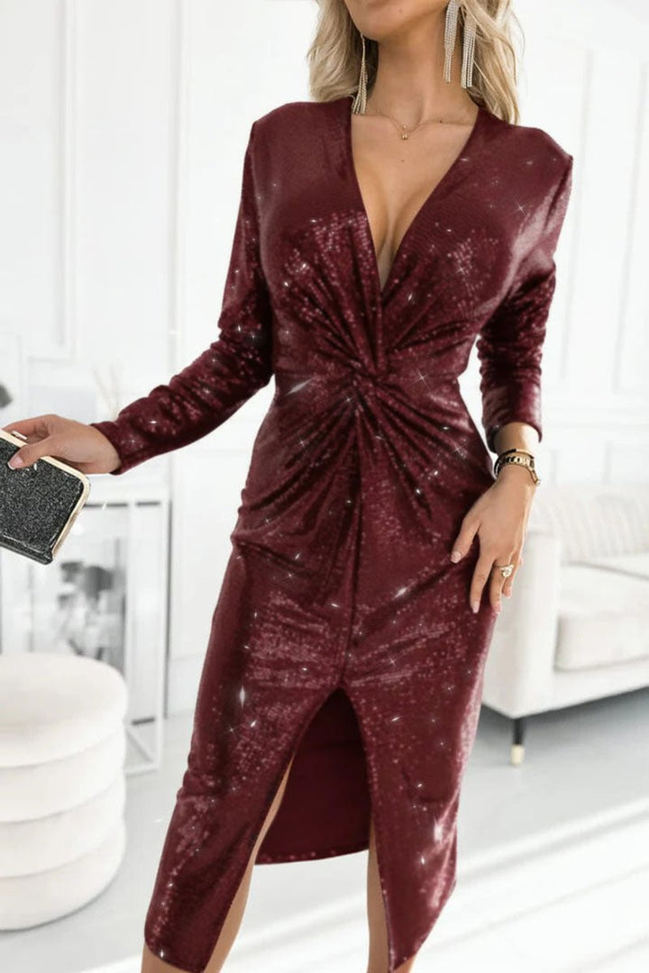 Women's Sequin Deep V-Neck Twist-Front Midi Cocktail Dress - Red