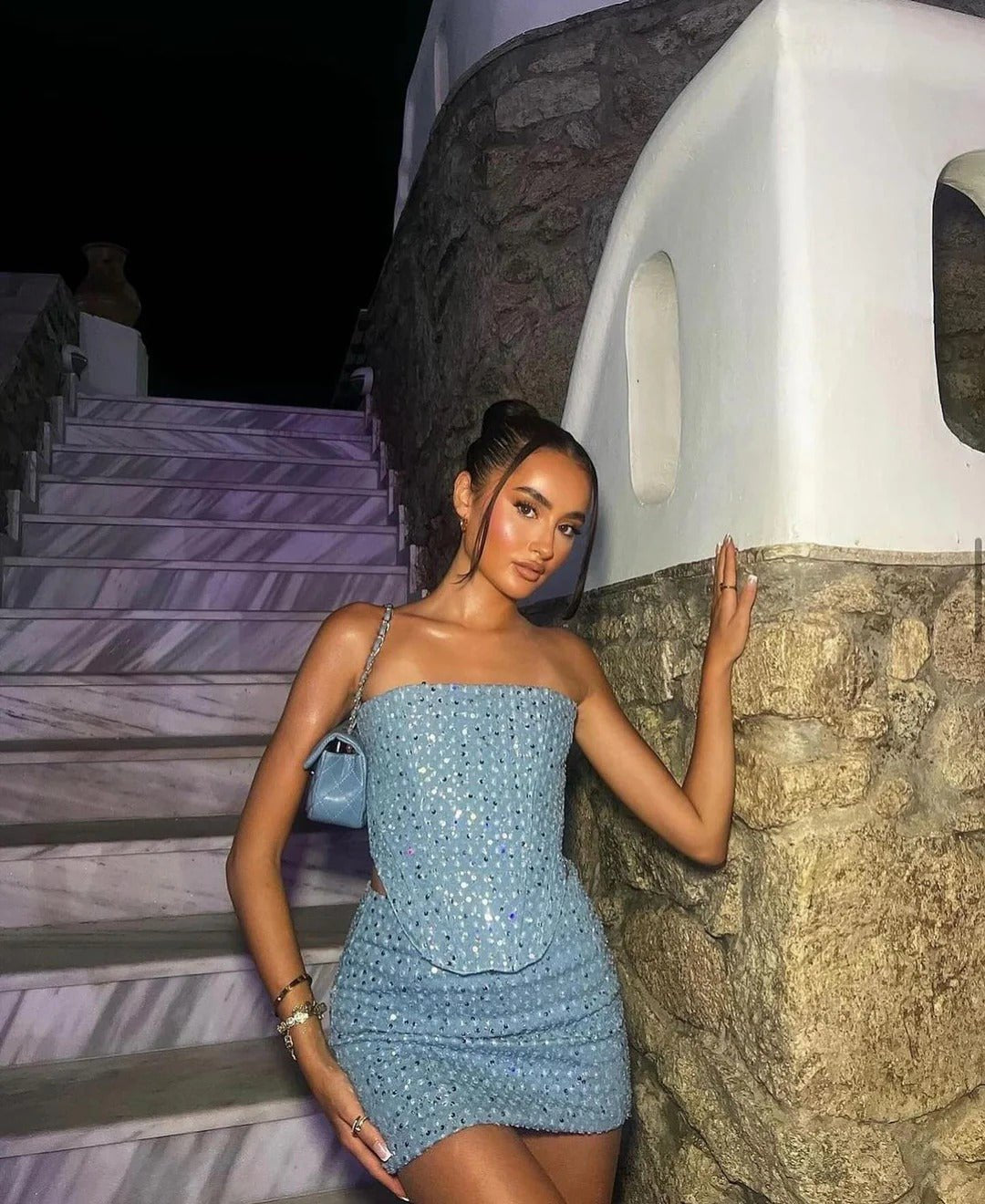 Women's Sequin Denim Strapless Tube Top Mini Skirt Two-Piece Set