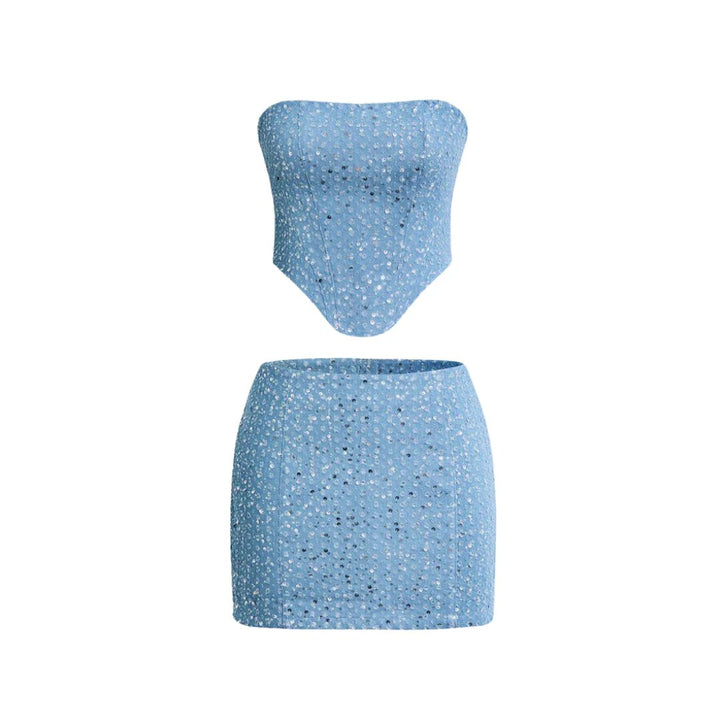 Women's Sequin Denim Strapless Tube Top Mini Skirt Two-Piece Set